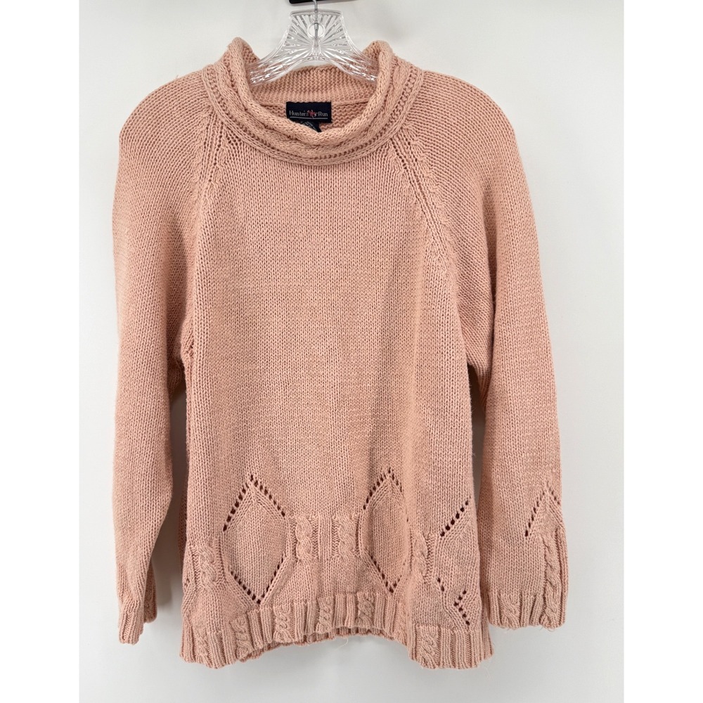 Hunters Run Vintage Pink Mock Neck Pointelle Cable Knit Sweater Ramie Cotton L